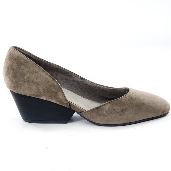 EILEEN FISHER Lily Gray Suede Half D'Orsay Wedge Heel Pump - Picture 1 of 8